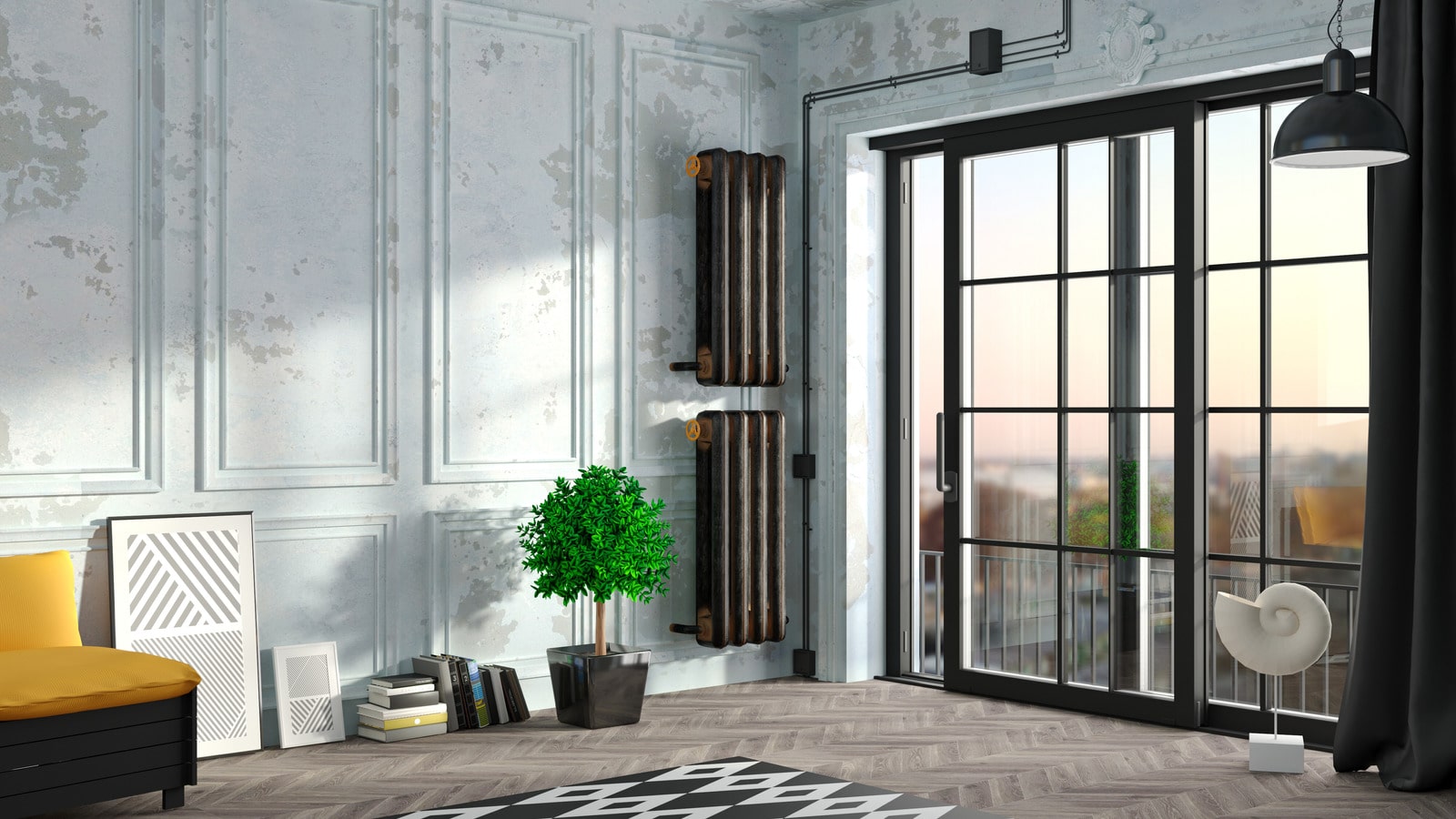 Modern living room with a glass sliding door, grey walls, wooden flooring, a potted plant, books, and decorative elements.